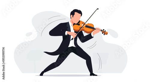 Modern vector illustration of man playing violin in dynamic performance pose, elegant classical musician scene isolated on light background