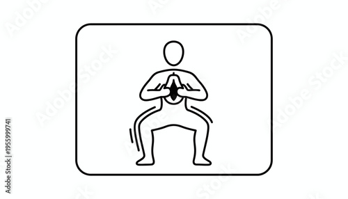 Person performing a squat exercise with hands clasped at chest, line art icon