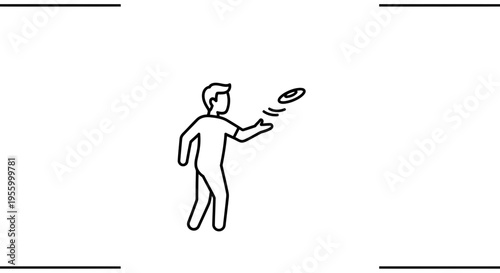 Person throwing a frisbee in the air, outdoor activity, summer fun, simple line art icon