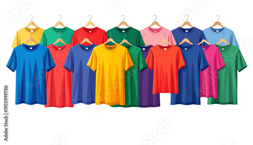 A collection of colorful t-shirts hanging on wooden hangers on transparent background