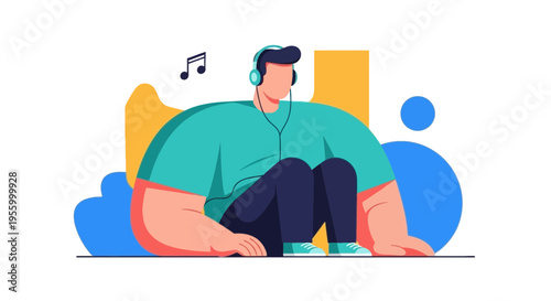 Modern vector illustration of young man sitting and listening to music with headphones, relaxed lifestyle scene with abstract colorful shapes on light background