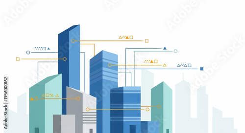 Cityscape with modern buildings and network connections.