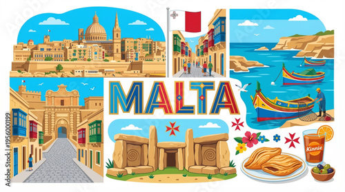 Vibrant Malta Cultural Elements Vector Illustration with Valletta, Mdina, and Traditional Symbols