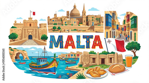 Vibrant Malta Cultural Elements Vector Illustration with Valletta, Mdina, and Traditional Symbols