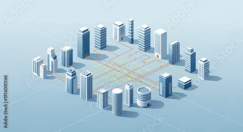 3D isometric cityscape with modern buildings.