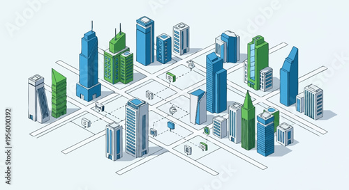 Isometric cityscape with modern buildings and infrastructure.