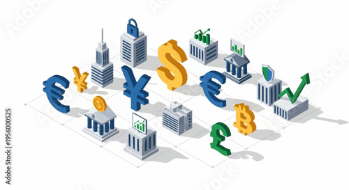 Financial symbols and city skylines illustration.
