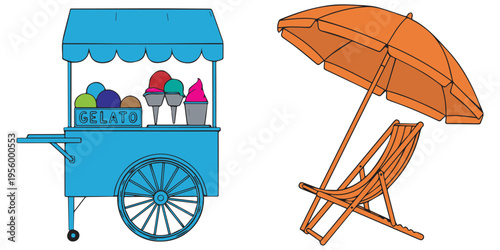 Gelato cart and beach umbrella with chair for summer vacation eps 10