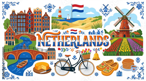 Vibrant Netherlands Cultural Elements Vector Illustration with Amsterdam, Windmills, and Dutch Cuisine