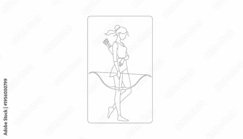 Fototapeta premium Archer Woman Silhouette with Bow and Arrows, Minimalist Line Art