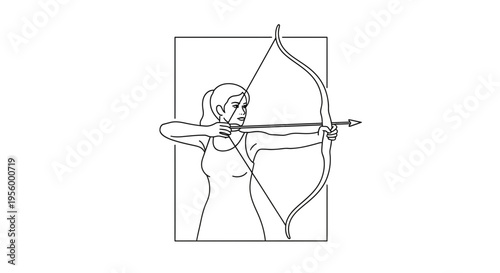 Archer Woman Aiming Bow and Arrow in Target Practice - Line Art Illustration