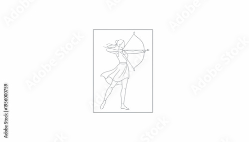Archer Woman Drawing Bow Arrow in Dynamic Pose, Line Art Illustration