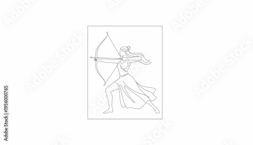 Archer Woman Line Art, Dynamic Pose, Bow and Arrow, Fantasy Warrior, Minimalist Illustration