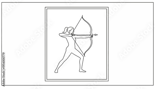 Archer Woman Silhouette Drawing, Aiming Bow and Arrow, Sport Competition, Focus and Precision