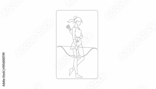 Archer Woman Silhouette with Bow and Arrows, Minimalist Line Art