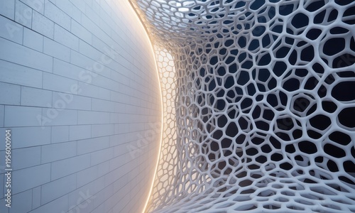 Futuristic abstract interior with curved tiled wall and honeycomb lattice structure