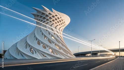 Dynamic modern architectural sculpture with complex lattice work and light trails