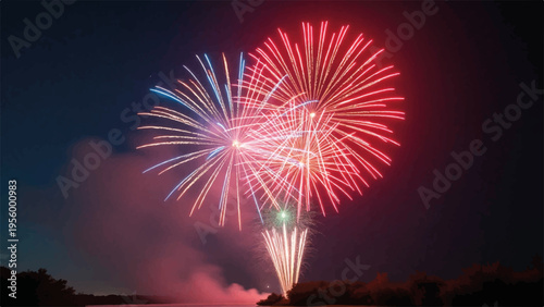Fireworks display at night with red and blue sparks