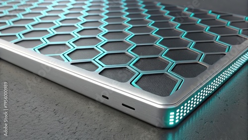 Futuristic metallic surface with glowing hexagonal lattice