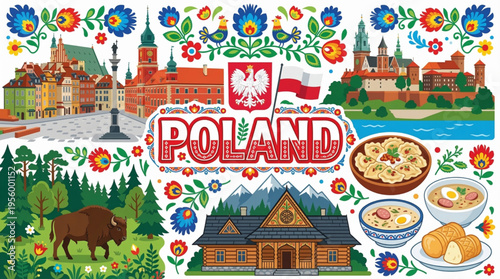 Vibrant Poland Cultural Elements Vector Illustration with Warsaw, Kraków, and Traditional Cuisine