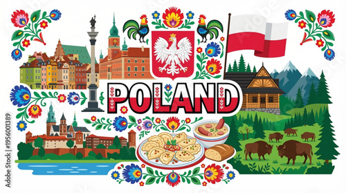 Vibrant Poland Cultural Elements Vector Illustration with Warsaw, Kraków, and Traditional Cuisine