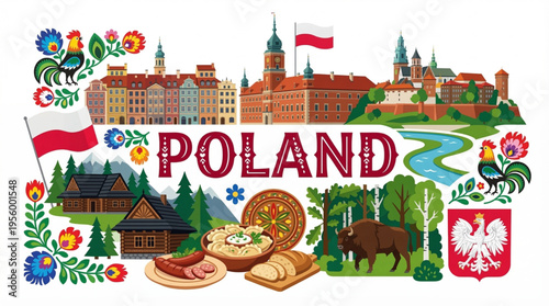 Vibrant Poland Cultural Elements Vector Illustration with Warsaw, Kraków, and Traditional Cuisine