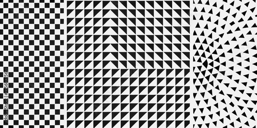 Abstract black and white geometric patterns arranged in a grid formation