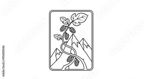Mountain Landscape with Grapevine and Grapes Outline Drawing
