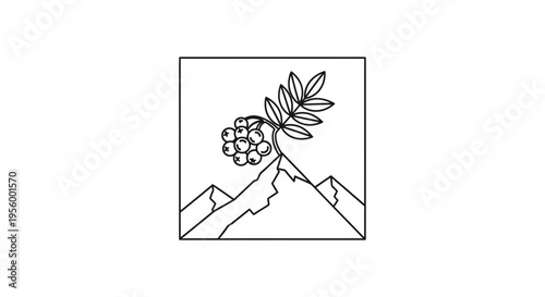 Mountain landscape with rowan berries and leaves, minimalist line art logo