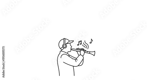 Musician playing clarinet with headphones, musical notes, and steam, line art