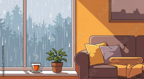 Cozy living room on a rainy day with couch plant and tea by the window with a warm atmosphere and soft lighting