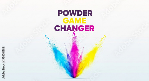 Colorful powder exploding in blue pink and yellow with 'powder game changer' text
