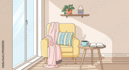Cozy living room corner with yellow armchair pink blanket and steaming coffee cup on a wooden table by a sunny window with a shelf