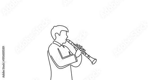 Musician playing clarinet, minimalist line art, black and white, isolated on white background
