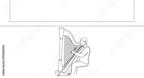 Musician Playing Harp - Elegant Line Art Illustration