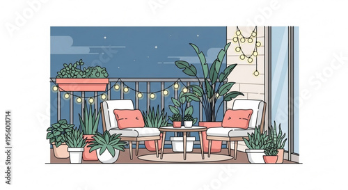 Cozy balcony patio with plants and furniture at night with string lights
