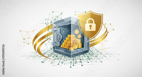 Secure digital vault with gold coins and shield symbolizing financial protection and safety