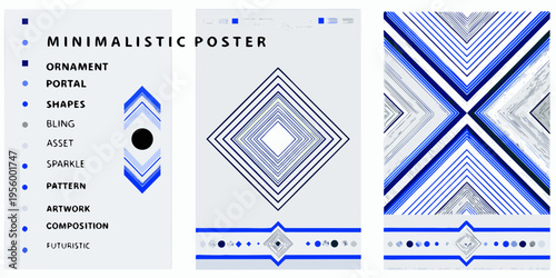 Abstract geometric patterns with blue and white lines and diamond shapes