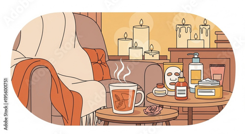 Cozy home spa setup with candles skincare products and a steaming mug of tea on a wooden table beside a comfortable armchair