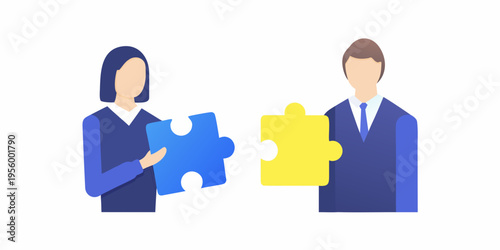 Business professionals connecting puzzle pieces symbolizing teamwork and collaboration
