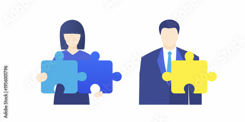 Two business people connecting puzzle pieces symbolizing teamwork and collaboration