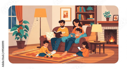 Family reading and relaxing together in a cozy living room with a fireplace