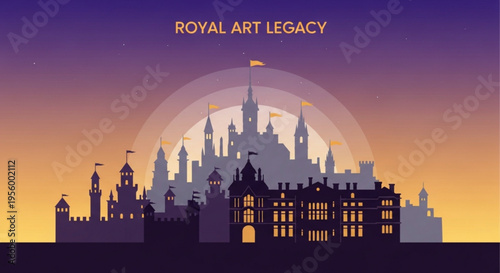 Silhouette of medieval castle and buildings at sunset with purple and orange sky