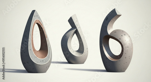 Three abstract metallic sculptures with hollow centers on a white background