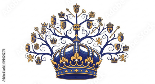 Royal crown with tree of shields and crowns symbolizing power and heritage regal emblem in blue and gold