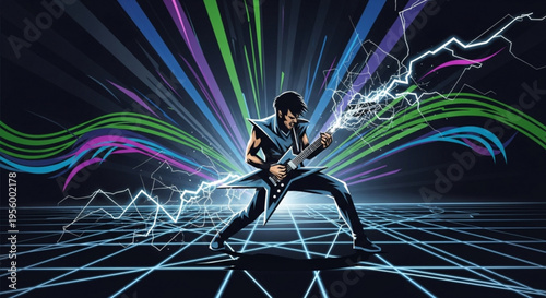 Electric guitarist performing with dynamic lighting effects and colorful streaks on stage