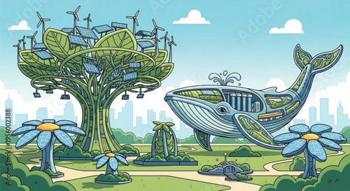 Eco friendly cityscape with whale and tree house wind turbines green technology