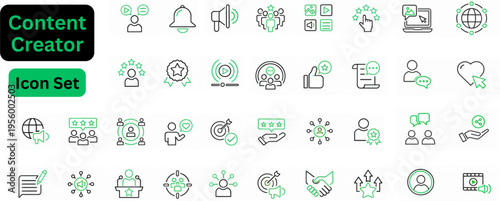 Line art vector of Content Creator icon set. Content Creator line icon set. Contains icons of media, content, live streaming, rating, like, subscribe and more. Outline icons set. 