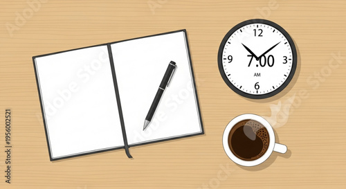 Morning office desk setup with notebook pen clock and coffee cup on wooden surface