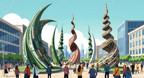 Large abstract sculptures in a city square with people walking around modern buildings and blue sky background